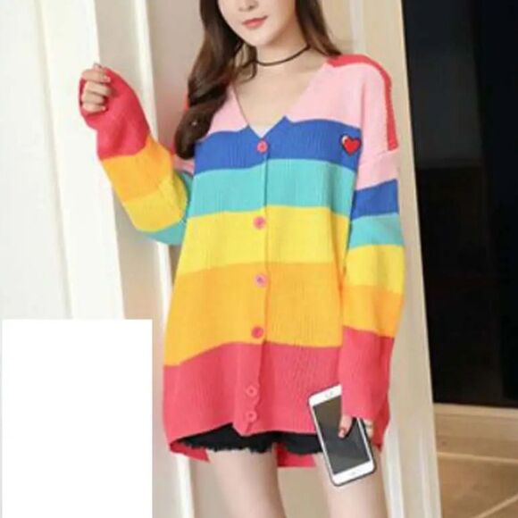 Rainbow Stripe Applique Heart Boring V-Neck Long Sleeve Knit Cardigan Sweater - Picture 1 of 10